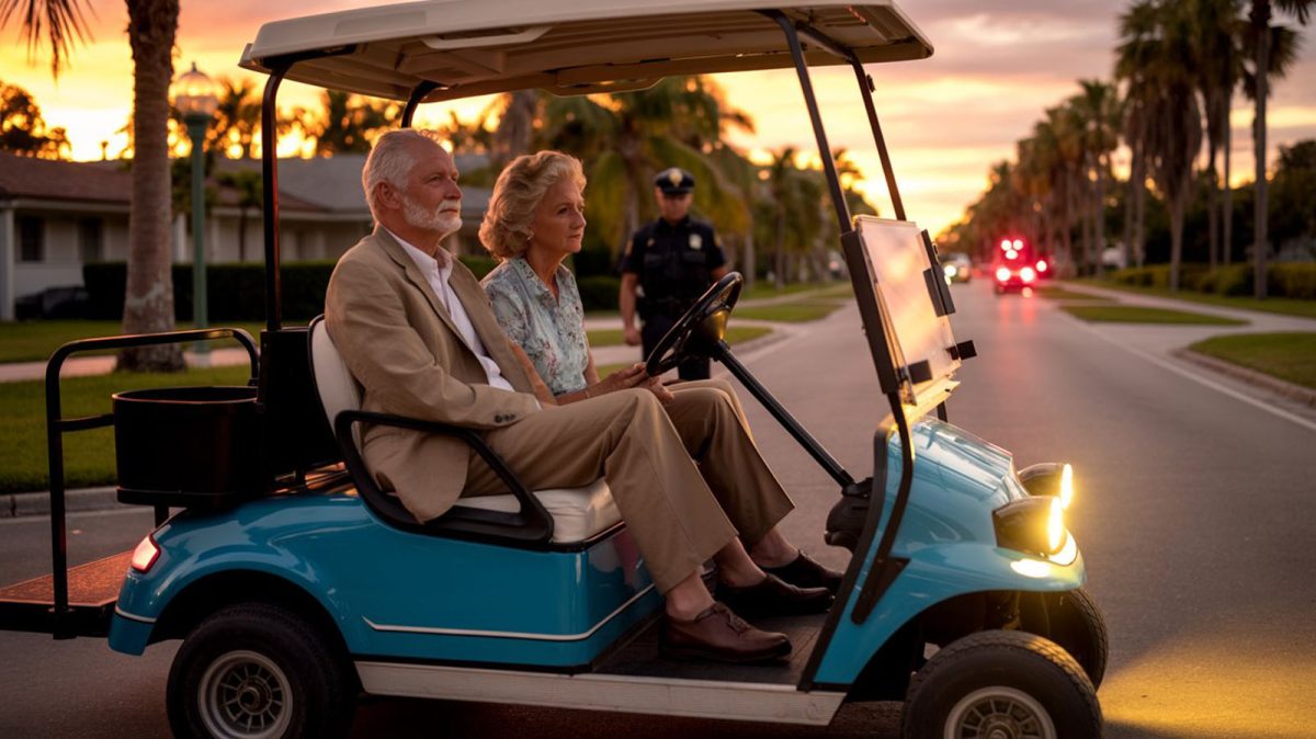 a photograph depicts an elderly couple in a golfcart police stop